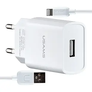 СЗУ USAMS T21 Charger kit- T18 single USB EU charger + Lightning cable White