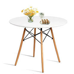 Скандинавський обідній великий круглий стіл діаметром 100 см на кухню з дерев'яними ніжками Етна МДФ білий