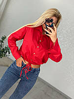 Летняя женская укороченная рубашка с затяжками и длинным рукавом (Размер 42,44,46,48), Красная