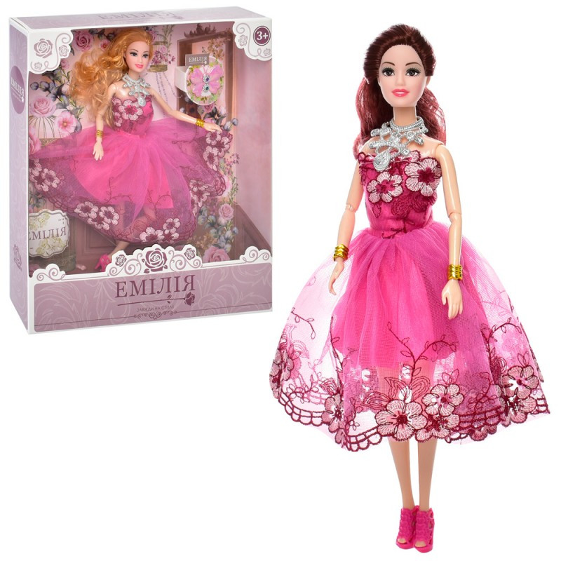 Модна лялька Емілія шарнірна в чарівній вечірній рожевій сукні з вишивкою квітів