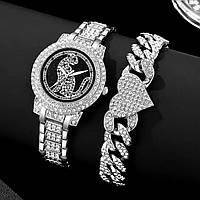 Кварцевые часы Пантера, имитация бриллиантов, металлический браслет. Женские часы. Стильные наручные часы.