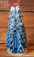 Высокая резная свеча 22см высотой сине-голубая, украшенная черными бусинками, на подарок
