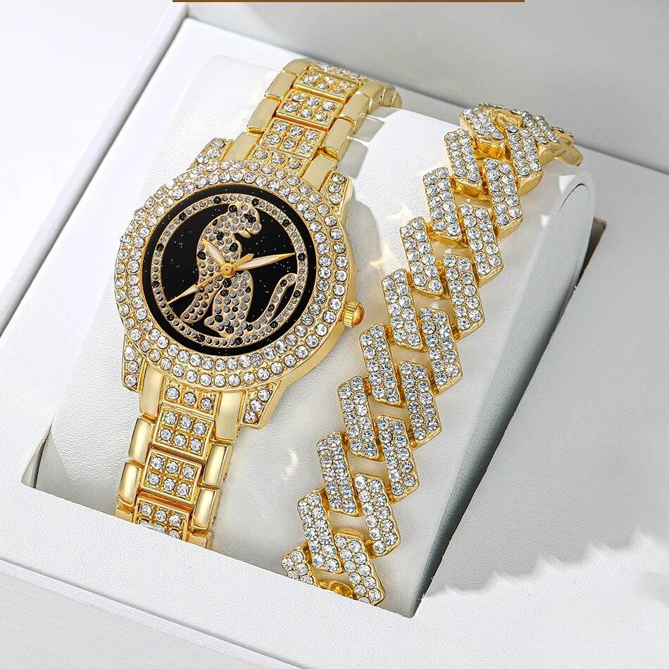 Кварцовий годинник Пантера, імітація діамантів, металевий браслет. Жіночі годинники. Стильний наручний годинник. Золотий