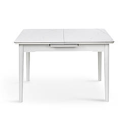Білий прямокутний розсувний обідній кухонний стіл 110х75 см зі стільницею кераміка під мармур Нептун