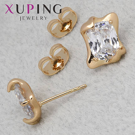 Серьги женские золотистого цвета Xuping Jewelry гвоздики пуссеты с белым цирконием кристаллы размер 10х8 мм, фото 1