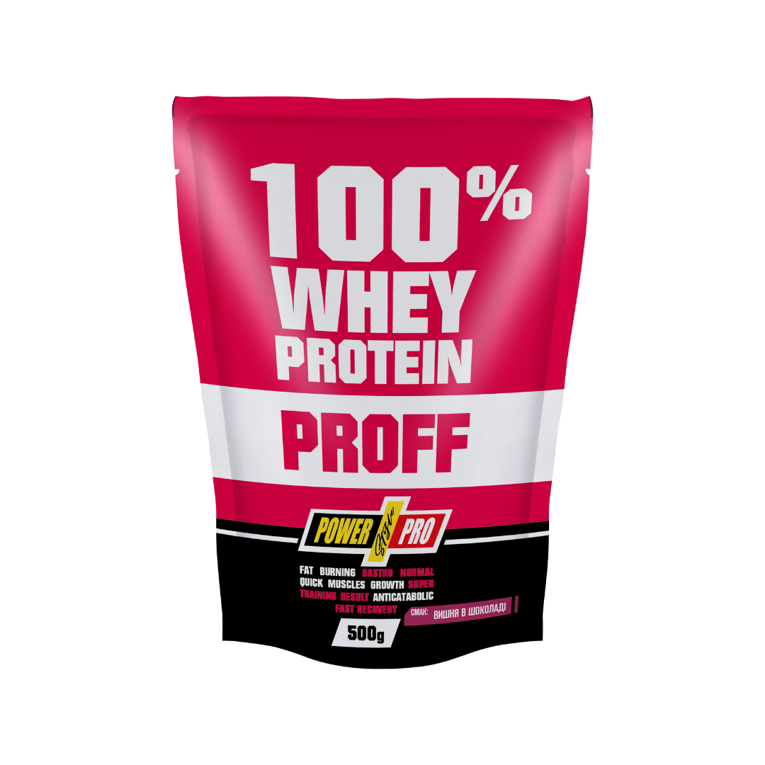 Сироватковий протеїн для набору м'язової маси і росту м'язів Whey Protein вишня в шоколоді, 100% білка, 0,5 кг.