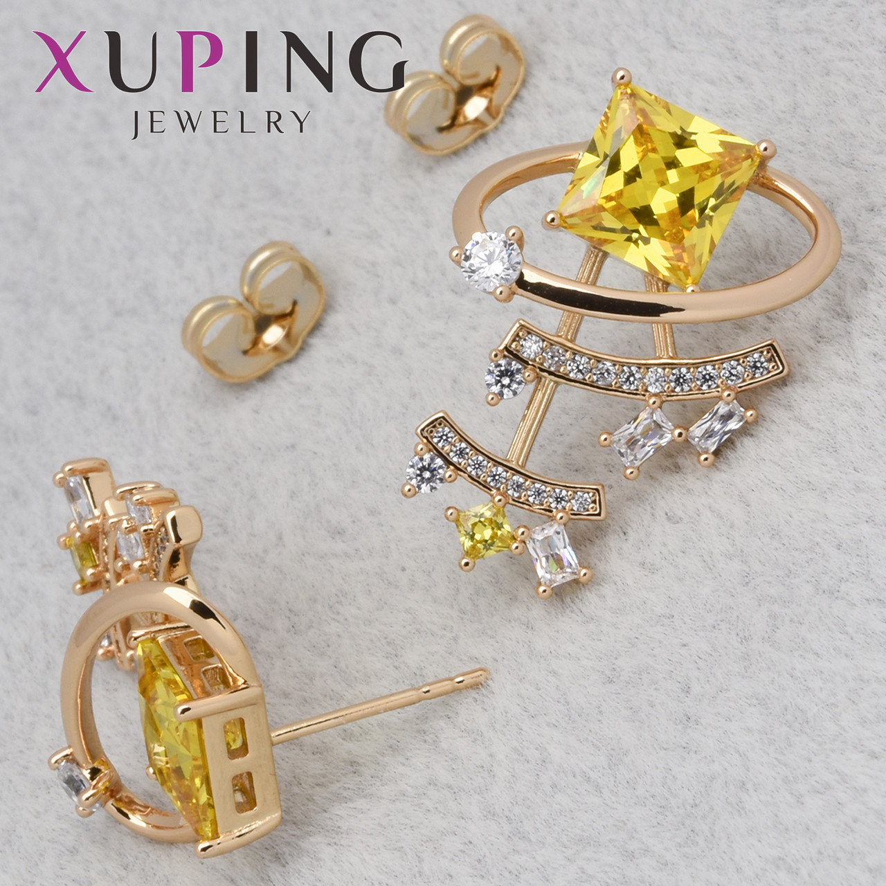 Серьги женские золотистого цвета Xuping Jewelry гвоздики пуссеты цветной циркон размер изделия 25х20 мм - фото 1 - id-p2120100529