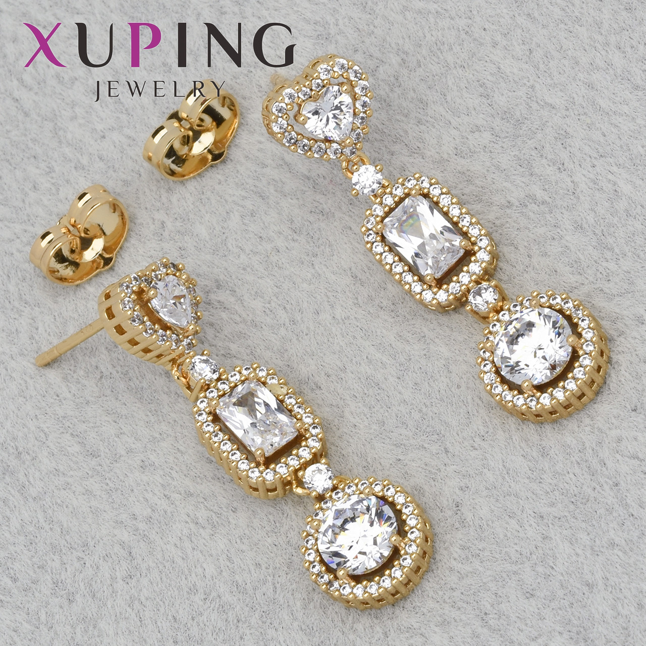 Серьги женские золотистого цвета Xuping Jewelry гвоздики пуссеты камни сваровски размер изделия 33х8 мм