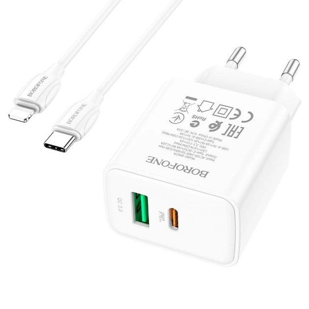 Комплект швидкого заряджання для iPhone Borofone BA67A Type-C to Lightning PD20W+QC3.0 Білий