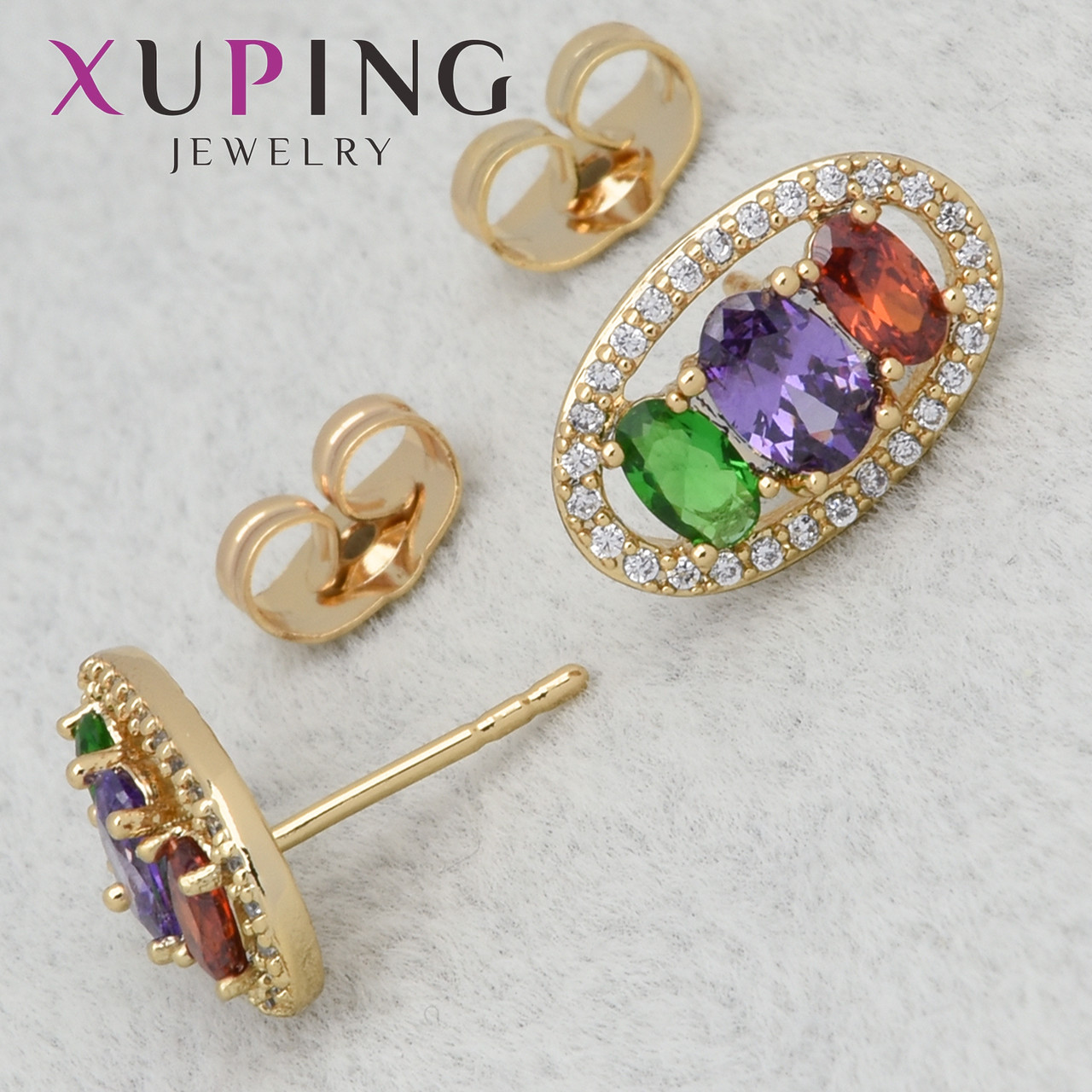 Серьги женские золотистого цвета Xuping Jewelry гвоздики пуссеты с разноцветным цирконом размер изделия 15х9мм - фото 1 - id-p2120116606