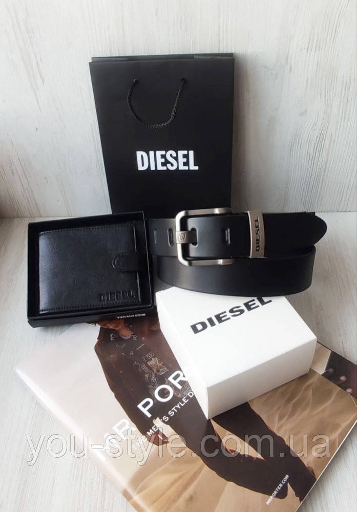 Подарунковий шкіряний чоловічий набір Diesel ремінь і гаманець black
