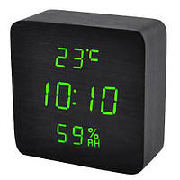 Электронные настольные часы USB с календарем и гигрометром VST-872S-4 Черные с зеленым циферблатом