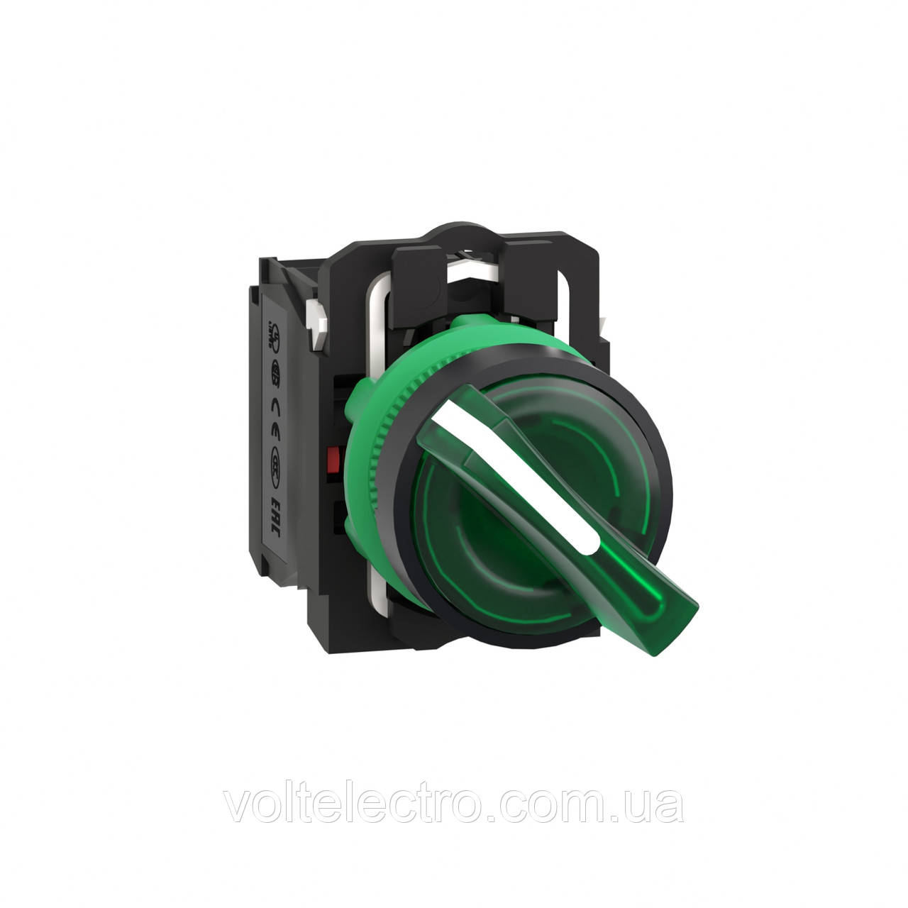 Перемикач з підсвіткою Harmony XB5 зелений 2 позиції з фіксацією, 1NO+1NC, 24V AC/DC, IP66