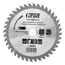 Диск пиляльний для дерева з твердосплавними напайками Ø 180×22.2 (20)×40Т, 8000об/хв GRAD (1957545)