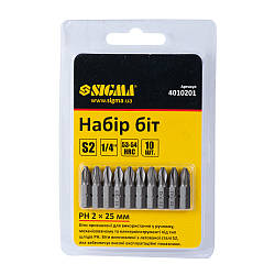 Набір біт PH2×25 мм 1/4" 10 шт S2 (блістер) SIGMA (4010201)