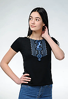 Вышитая футболка женская трикотажная черная с синим