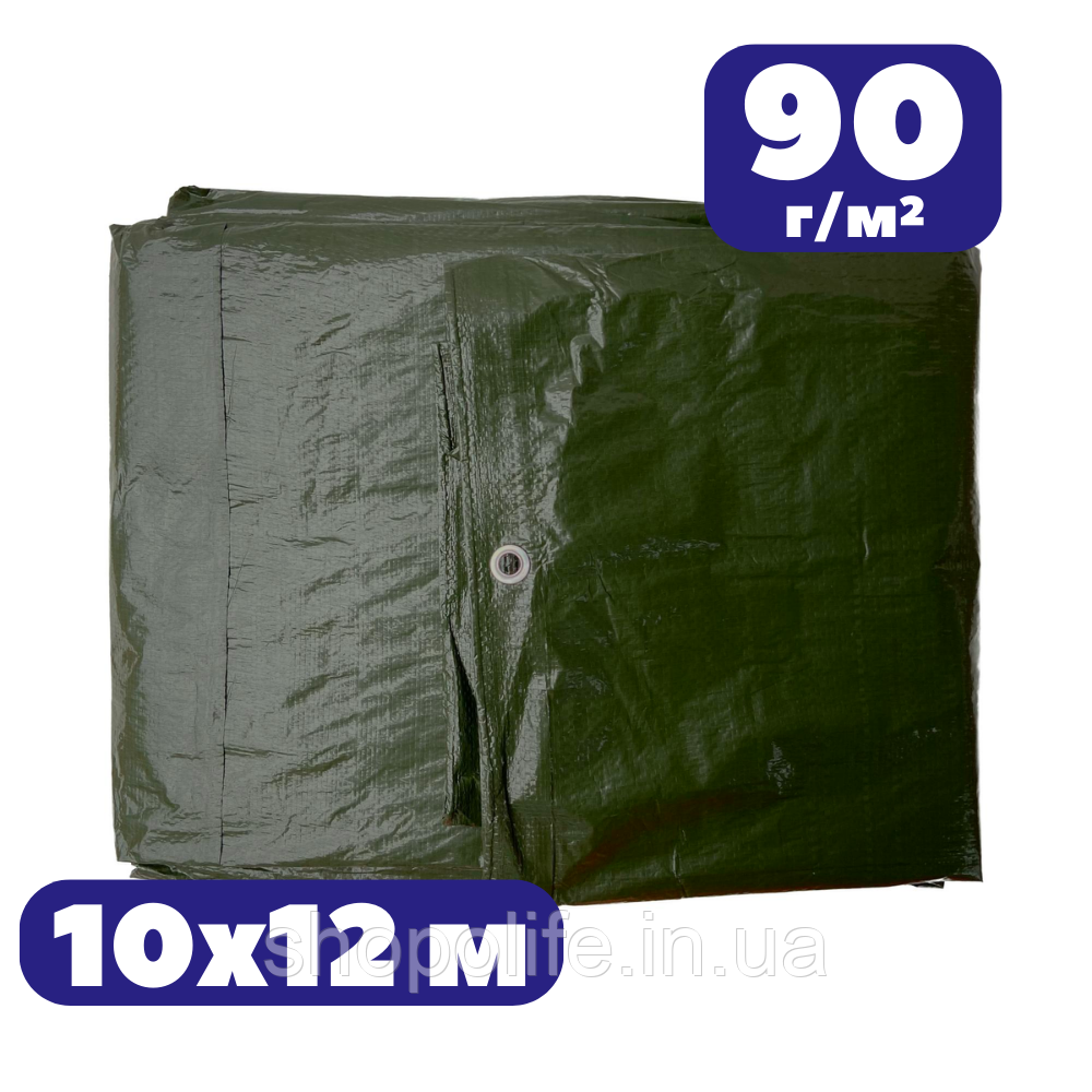 Тент 10 на 12 м 90 г/м² тарпаулін універсальний з люверсами поліетиленовий полог зелений від дощу та сонця, фото 1