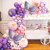 Набор воздушных шаров для создания арки - сиреневая фотозона для девочки "Бабочки" (110 шт.)