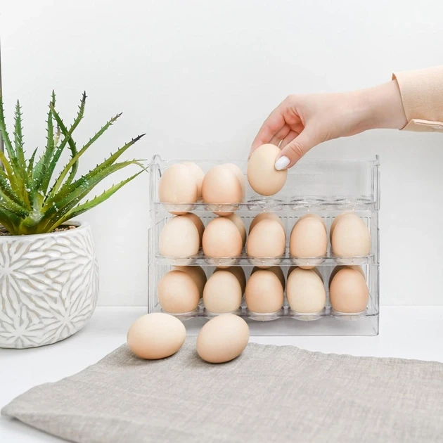 Лоток для яиц 3 яруса в холодильник, Прозрачный компактный органайзер для 30 яиц - фото 4 - id-p2120233350