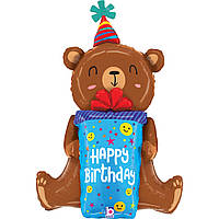 Фольгована кулька велика фігура Birthday Smiley Gift Bear Ведмедик з подарунком 34" / 56x82x43 cm Grabo в упаковці