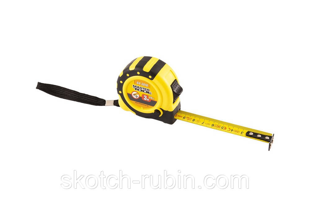 Рулетка MASTERTOOL 3 м 16 мм з магнітами 2 фіксатори кнопка STOP покриття TPR нейлонове покриття 64-3016