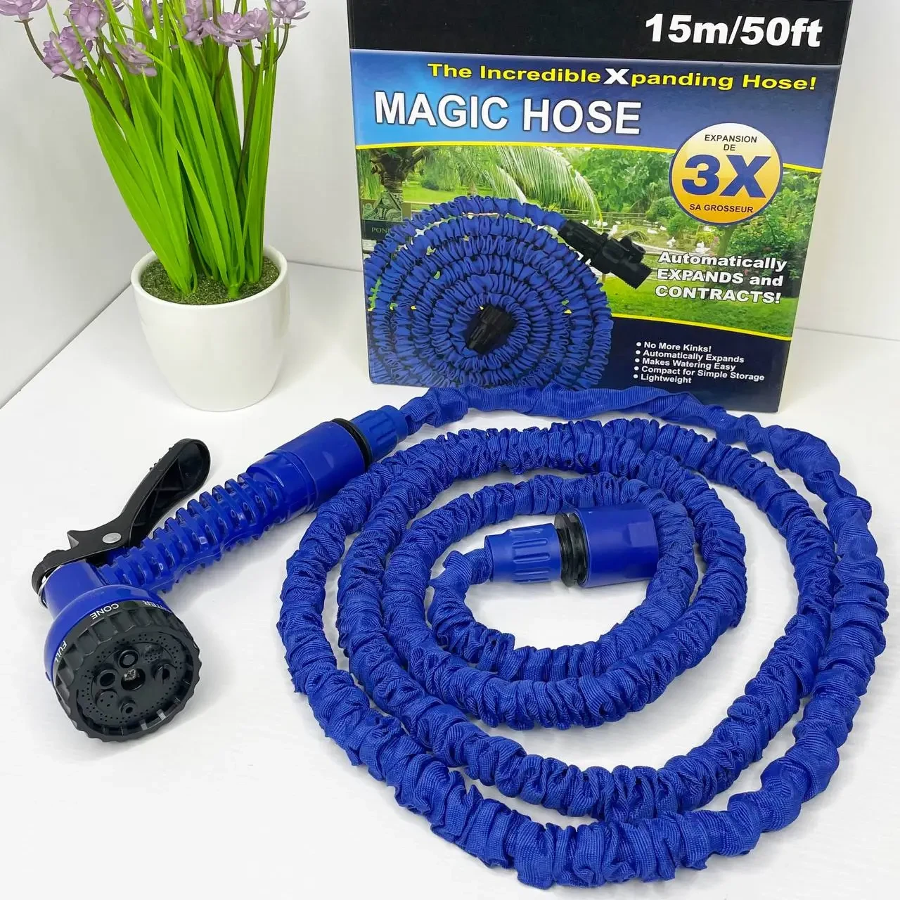Синий садовый шланг Magic Hose, Шланг для сада с пульверизатором 15 м - фото 3 - id-p2120233639
