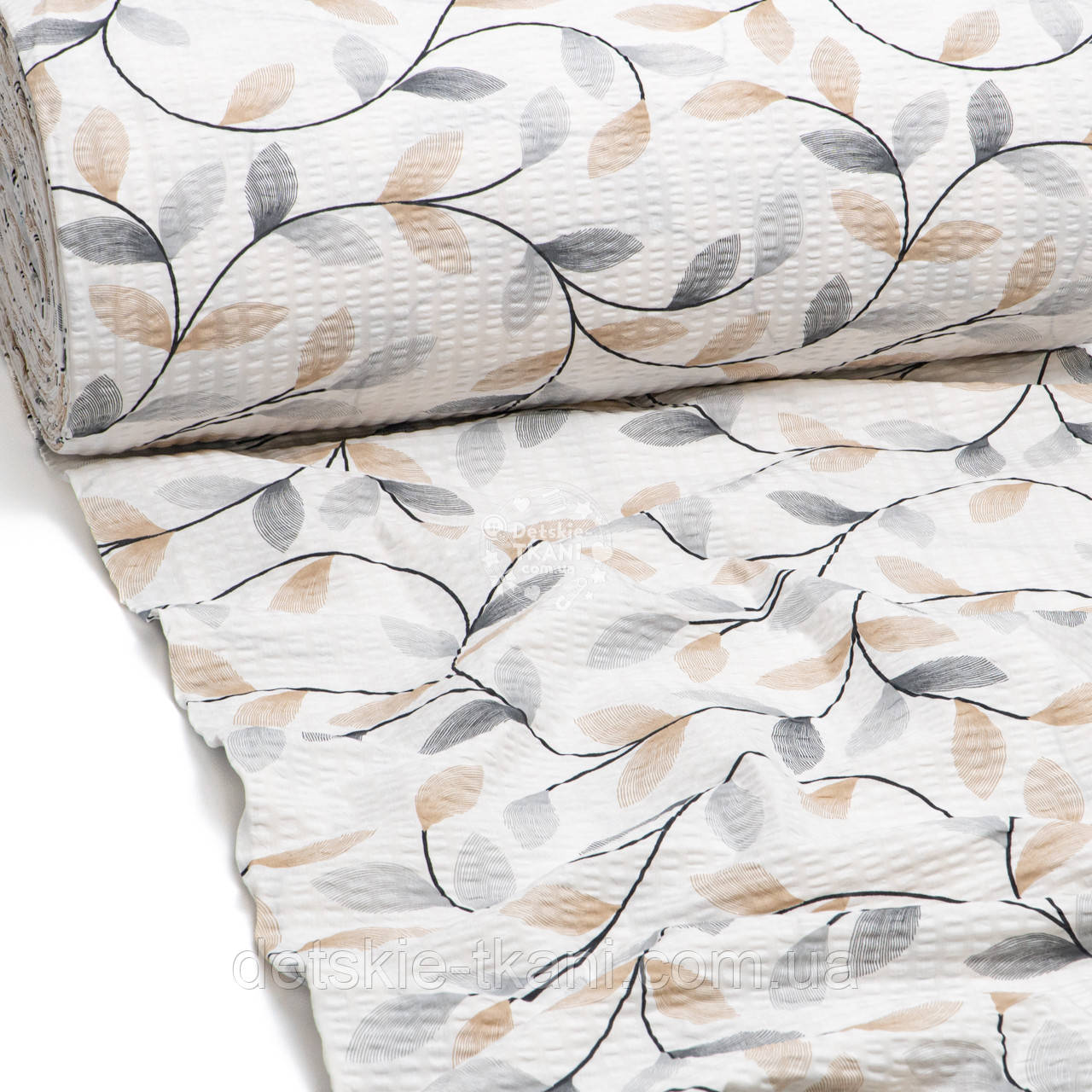Тканина жатка (гофре) шириною 240 см "Гілочки з бежевим і сірим листям" №5004, фото 1