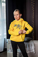 Бомберы Худи для девочек мальчиков желтые с вышивкой, Детская кофта с вышивкой, Кофта детская трехнитка, 110