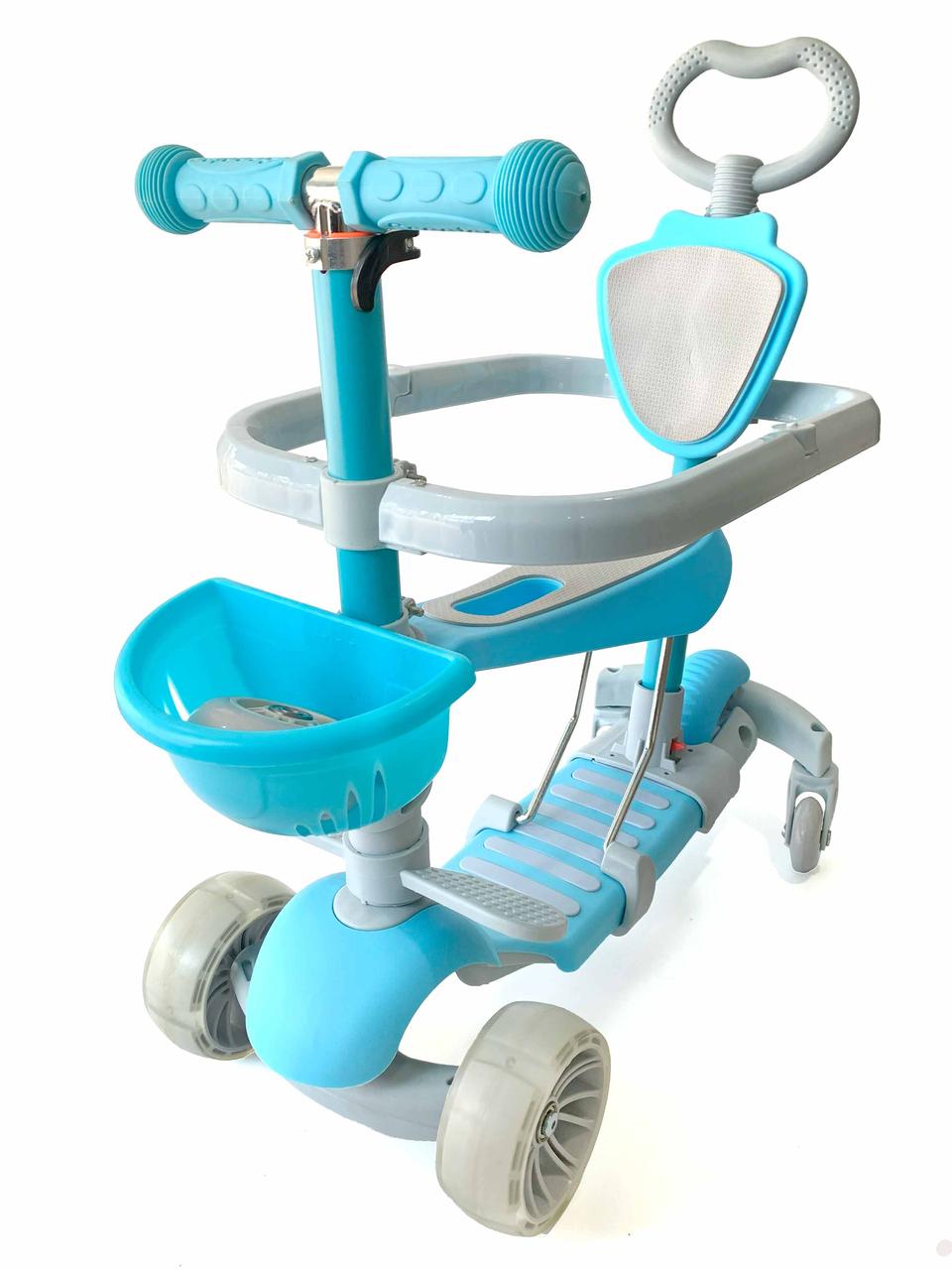 Самокат біговел із батьківською ручкою та кошиком світні колеса, фото 1