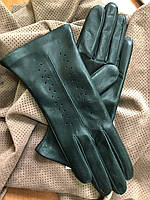 Перчатки женские без подкладки из натуральной кожи ягненка. Цвет темно зеленый изумруд