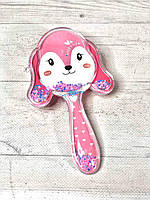 Детская массажная расческа с силиконовыми зубчиками 1824D (Розовая собачка с сыпучим декором)