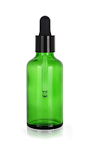 Зелёный стеклянный флакон для косметики, сывороток, лекарств, витаминов, 50 мл стандарта 18/410 С черной