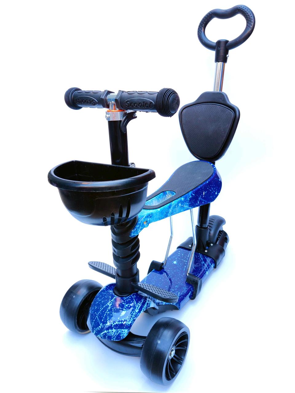 Дитячий самокат-біговел із батьківською ручкою та кошиком, фото 1