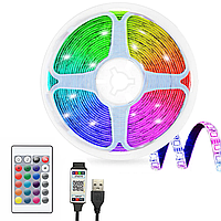 Светодиодная лента 5м, 5050, от USB с пультом управления / Разноцветная лед лента / RGB подсветка телевизора