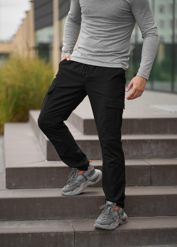 Чоловічі спортивні повсякденні чорні штани карго з кишенями на гумці, фото 1