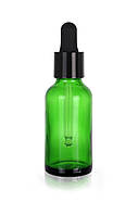 Зелёный стеклянный флакон для косметики, сывороток, лекарств, витаминов, 30 мл стандарта 18/410 С черной