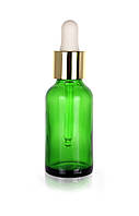 Зелёный стеклянный флакон для косметики, сывороток, лекарств, витаминов, 30 мл стандарта 18/410 С золотой