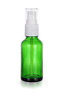 Зелёный стеклянный флакон для косметики, сывороток, лекарств, витаминов, 30 мл стандарта 18/410 С белым