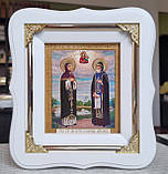 Ікона Петро і Февронія в білому фігурному кіоті з декоративними куточками, розмір кіота 18*16, лік 10×12, фото 4