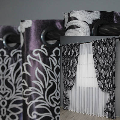 Комплект (2шт. 1,5х2,5м.) штор на люверсах, блекаут-софт, "Корона". Колір чорний з сірим. Код 1273ш(А) 37-0020