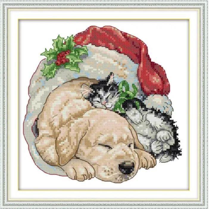 Набір для вишивання за нанесеною на канву схемою "Christmas cat and dog ". AIDA 14CT printed, 25*25 см
