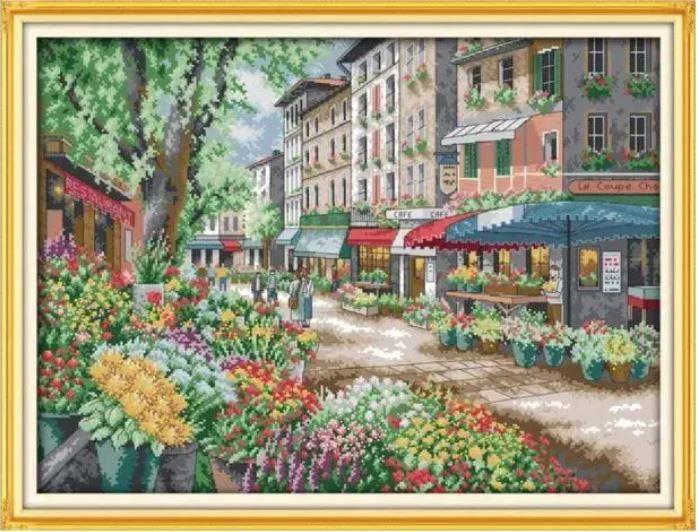Набір для вишивання хрестиком по нанесеному на канву схемі "Paris flower market" . AIDA 14CT printed, 57*44 см
