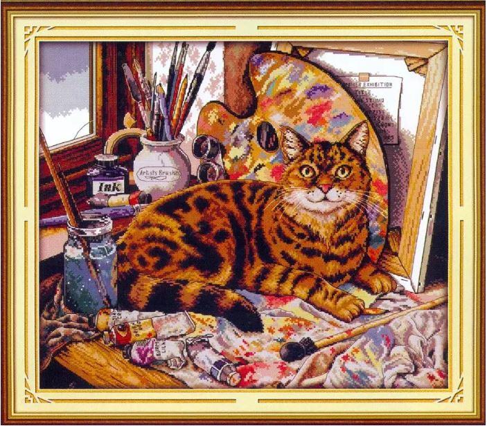 Набір для вишивання за нанесеною на канву схемою "Cat and oil painting".AIDA 14CT printed,54*48см