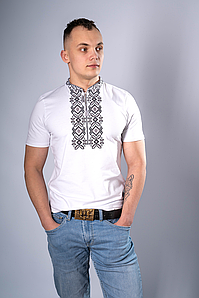 Українська чоловіча вишита футболка "Гетьман" біла з сірим XXL