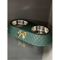 Двойная пластиковая подствка под железные миски для собак и котов с БАНТОМ 34*17,5*6,5см зеленая и коричневая