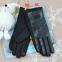 Перчатки сенсорные кожаные с замшевой ладошкой однотонные осень-зима размер S-M