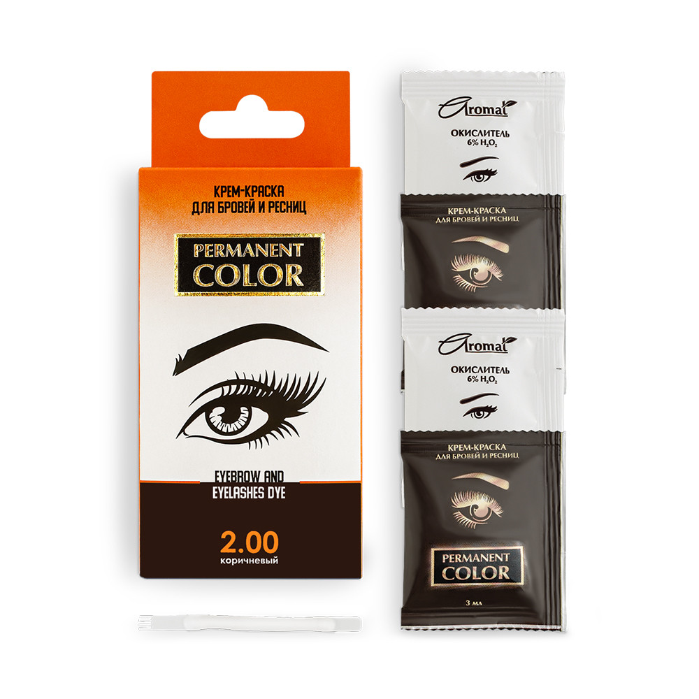 Крем-фарба для брів і вій з окислювачем, тон коричневий  2.00 Permanent Color ТМ Aromat