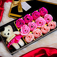 Мило Трояндочки набір 12 шт з Ведмедиком "Love you" в подарунковій стильній коробці, колір рожевий