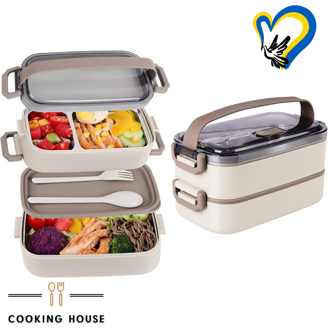 Двохрівневий ланч-бокс з приборами для їжі Cooking House, ланч-бокс, термоконтейнер.