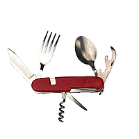 Туристичний розкладний набір: ложка, виделка, ніж, відкривачка, штопор колір червоний